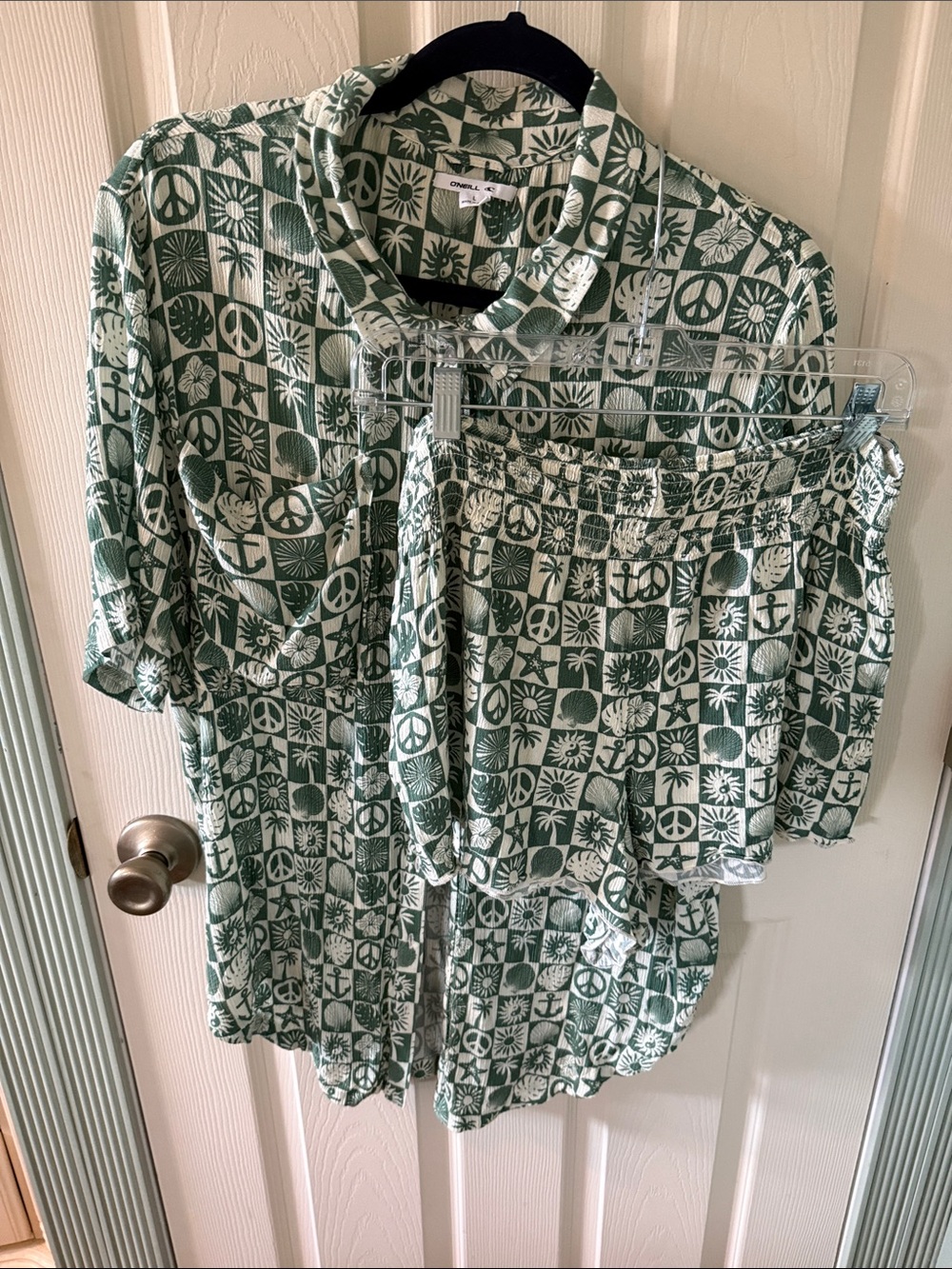 O'Neill Green and White Icon-Print Button Front Top with Matching Shorts